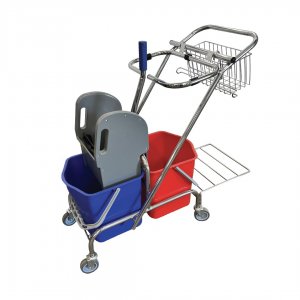 Úklidový vozík 2 x vědro 17 l se ždímačem, držák na pytel, košík, chrom