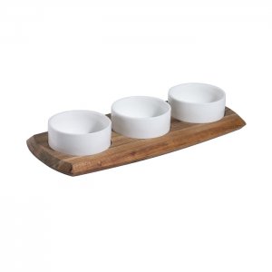 Contacto dip set tři misky pr. 8 cm, podstavec akátové dřevo