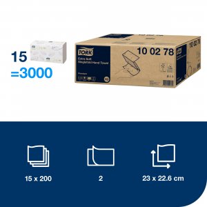 Tork Papírové ručníky Singlefold extra jemné Premium 2-vr., H3, 22,6 x 23 cm, 200 útr., bílé